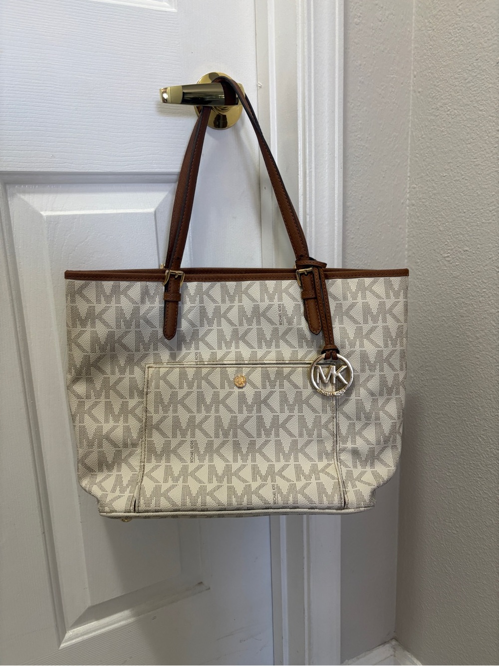 Michael Kors Cream & Brown MK Signature Tote w/ Front Pocket
